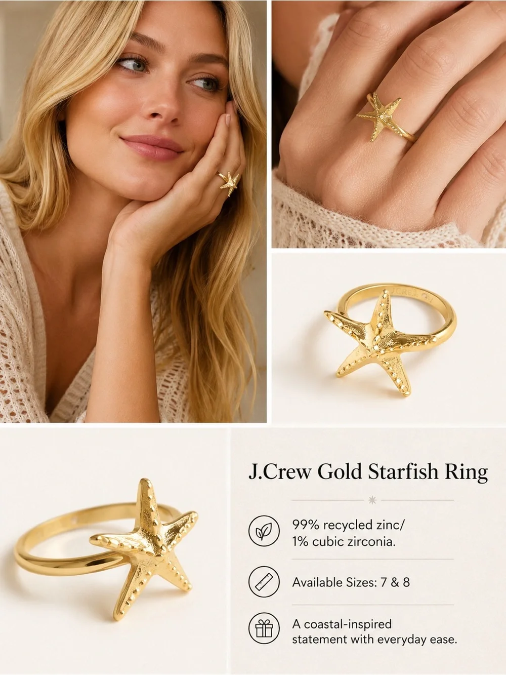 NWT J. Crew Gold Starfish Ring